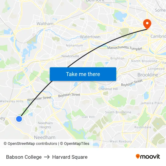 Babson College to Harvard Square map