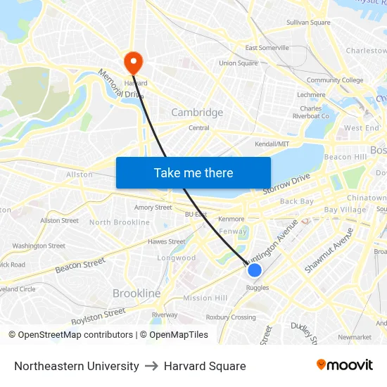 Northeastern University to Harvard Square map