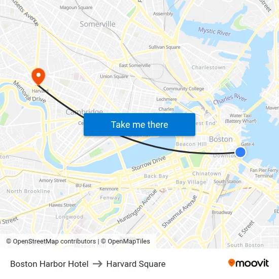 Boston Harbor Hotel to Harvard Square map