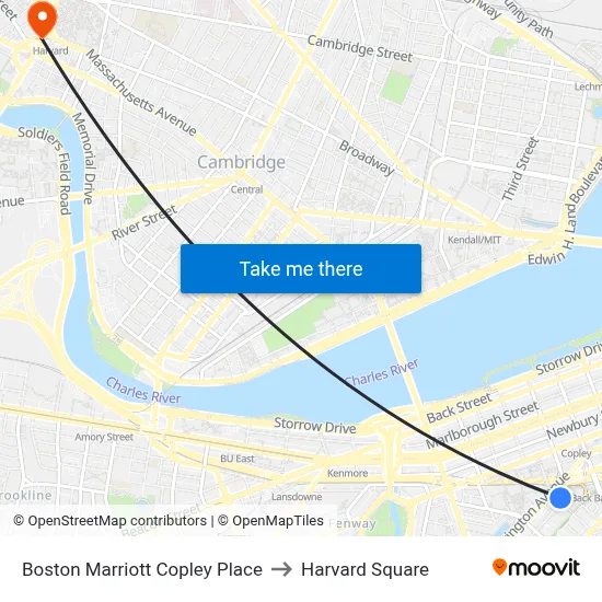 Boston Marriott Copley Place to Harvard Square map