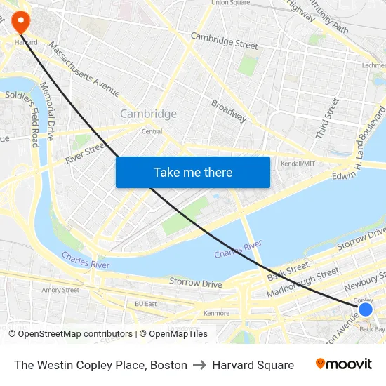 The Westin Copley Place, Boston to Harvard Square map