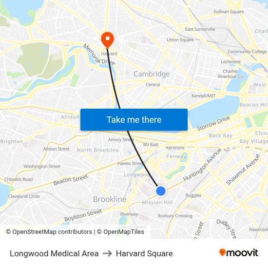 Longwood Medical Area to Harvard Square map