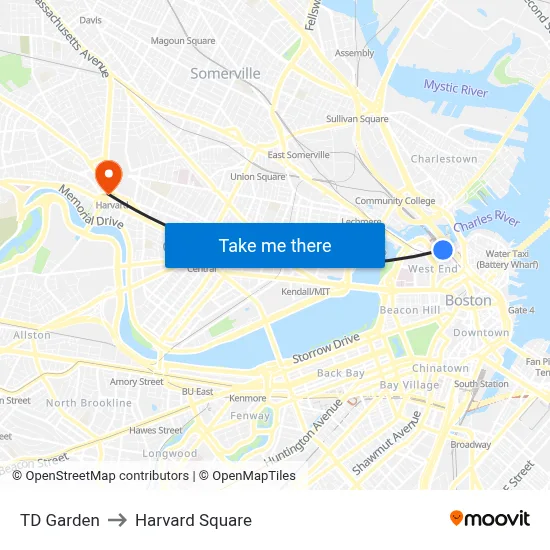 TD Garden to Harvard Square map