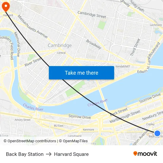 Back Bay Station to Harvard Square map