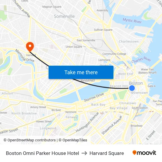 Boston Omni Parker House Hotel to Harvard Square map