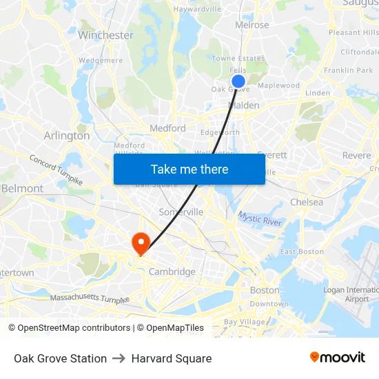 Oak Grove Station to Harvard Square map