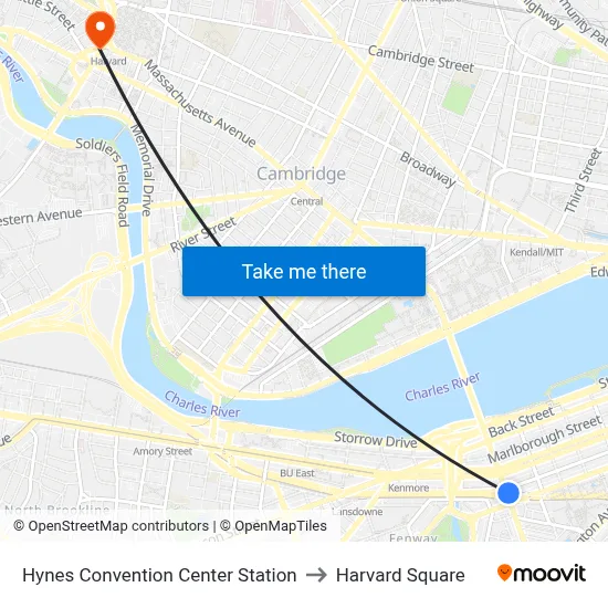 Hynes Convention Center Station to Harvard Square map