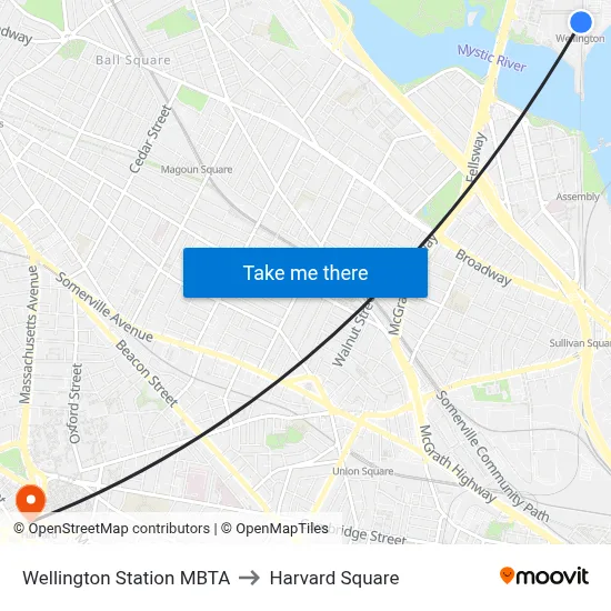 Wellington Station MBTA to Harvard Square map