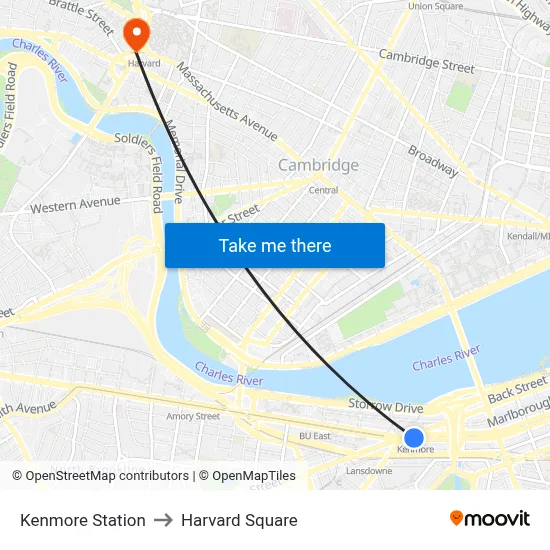 Kenmore Station to Harvard Square map