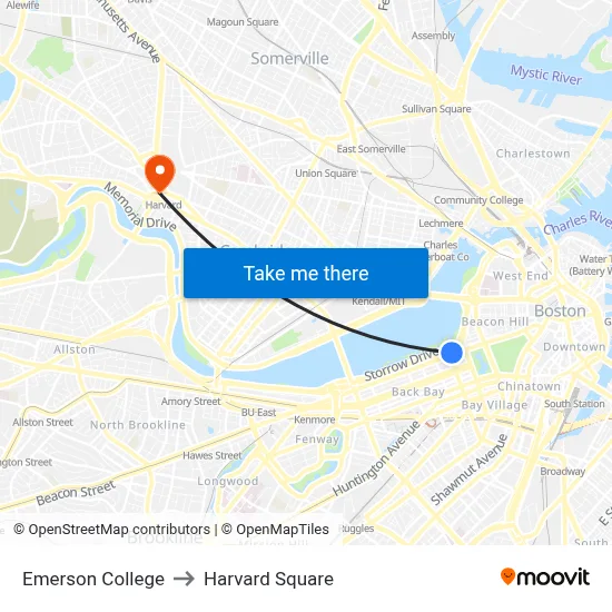 Emerson College to Harvard Square map