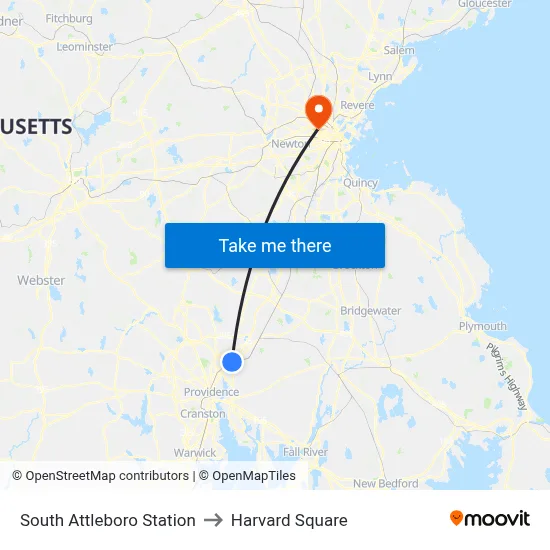 South Attleboro Station to Harvard Square map
