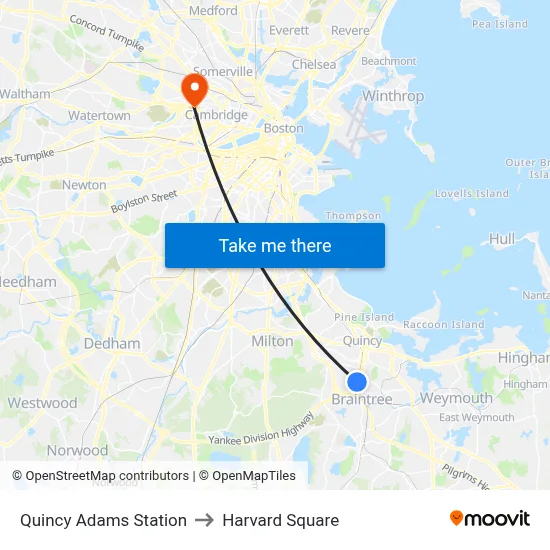 Quincy Adams Station to Harvard Square map