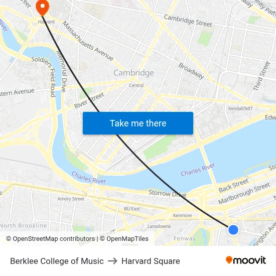 Berklee College of Music to Harvard Square map