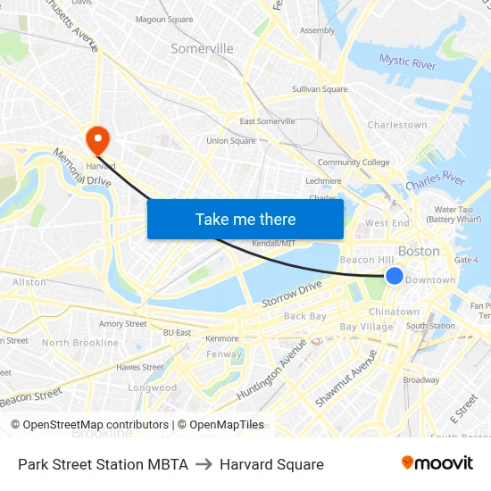 Park Street Station MBTA to Harvard Square map