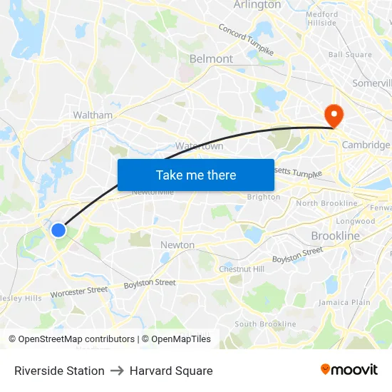Riverside Station to Harvard Square map
