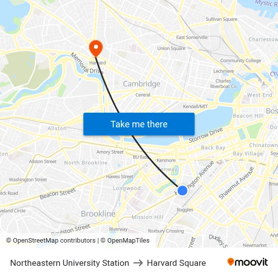 Northeastern University Station to Harvard Square map