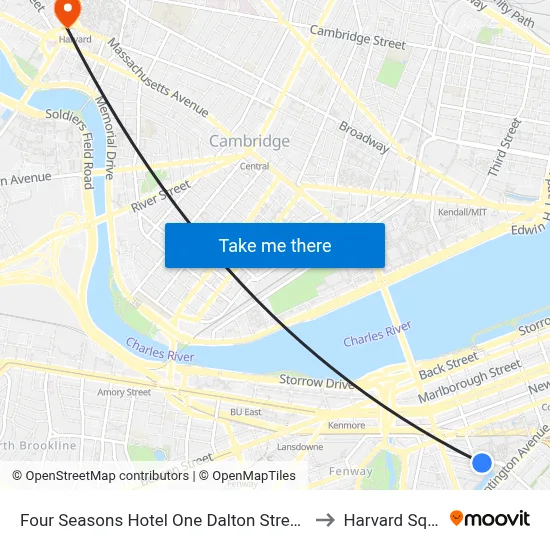 Four Seasons Hotel One Dalton Street Boston to Harvard Square map
