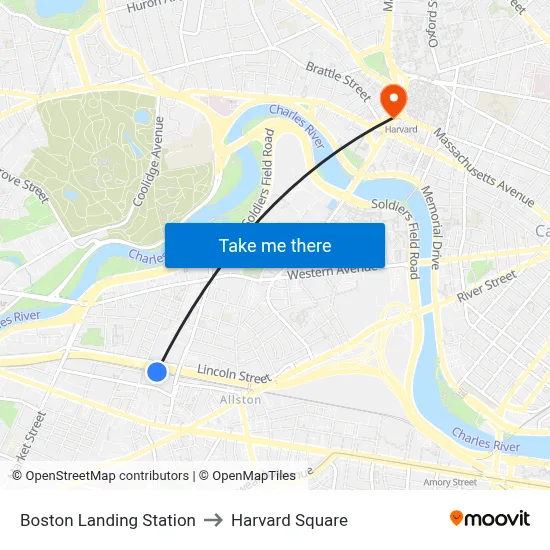 Boston Landing Station to Harvard Square map
