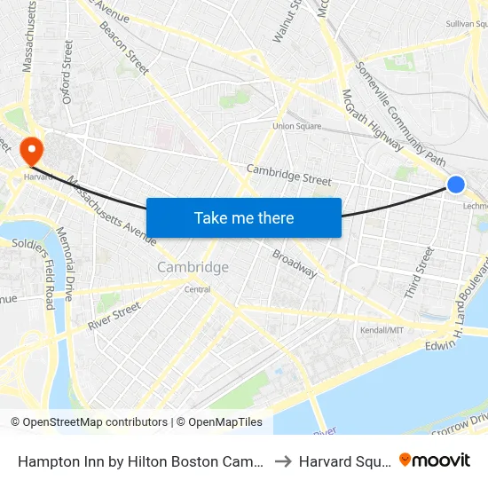 Hampton Inn by Hilton Boston Cambridge to Harvard Square map
