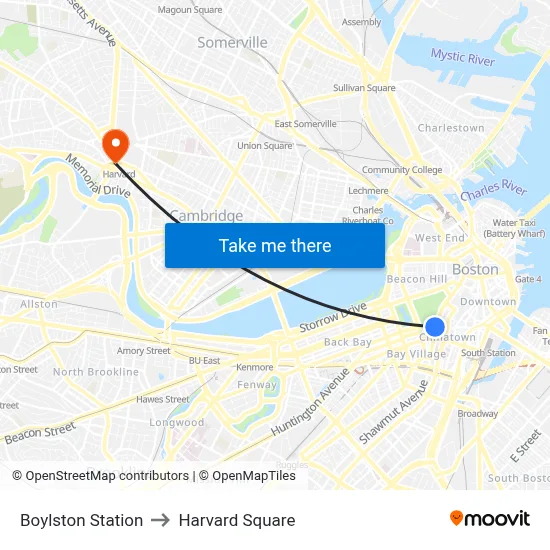 Boylston Station to Harvard Square map