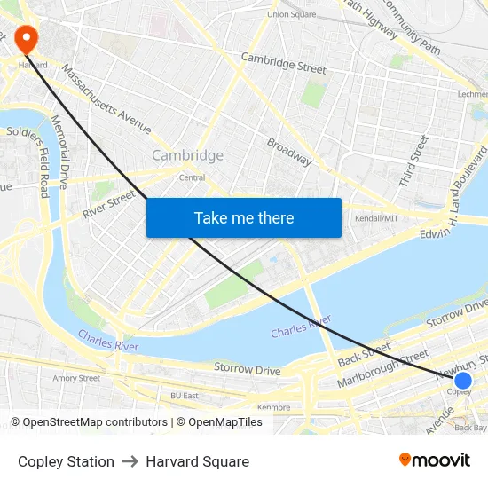 Copley Station to Harvard Square map