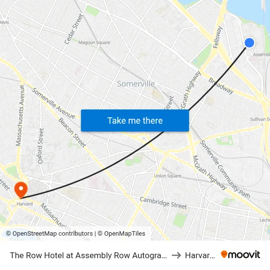 The Row Hotel at Assembly Row Autograph Collection by Marriott Somerville to Harvard Square map