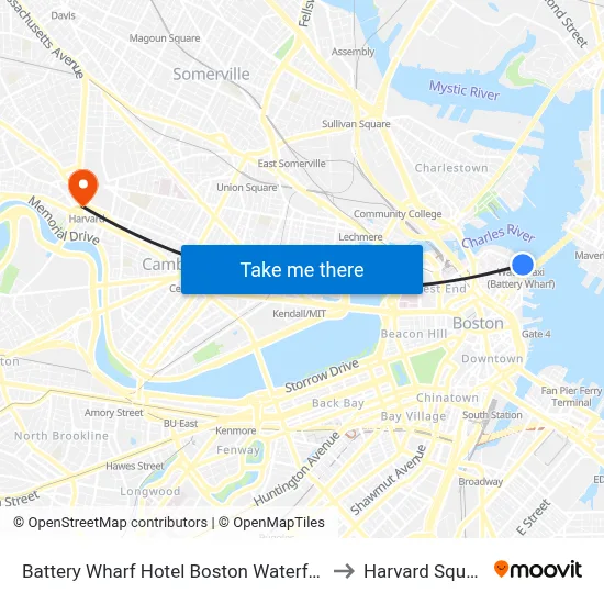 Battery Wharf Hotel Boston Waterfront to Harvard Square map