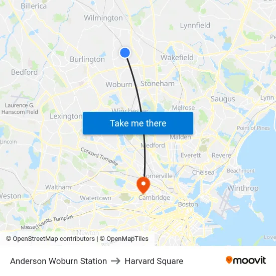 Anderson Woburn Station to Harvard Square map