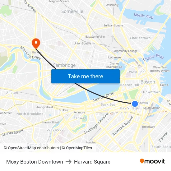 Moxy Boston Downtown to Harvard Square map