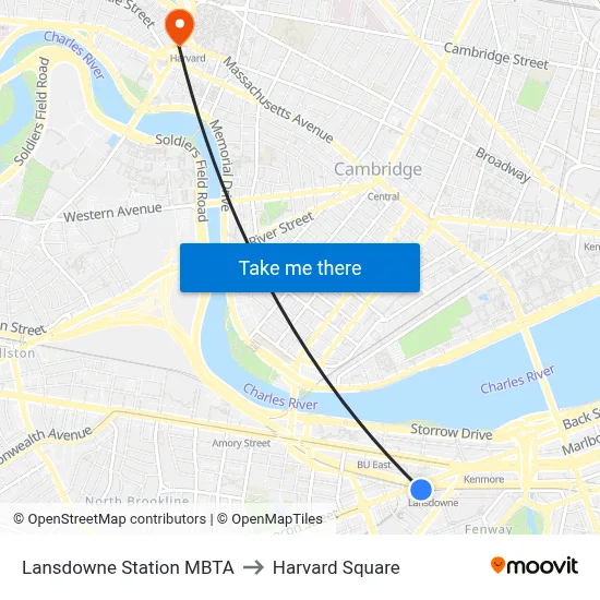 Lansdowne Station MBTA to Harvard Square map