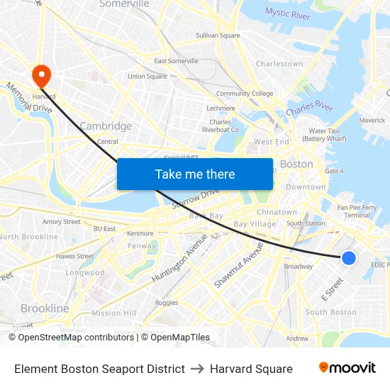 Element Boston Seaport District to Harvard Square map
