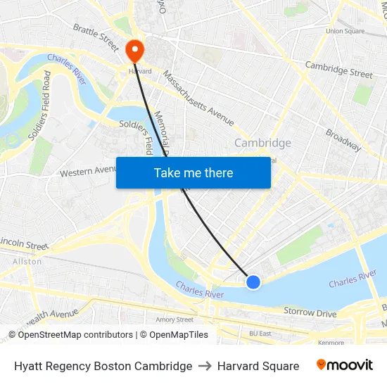 Hyatt Regency Boston Cambridge to Harvard Square map