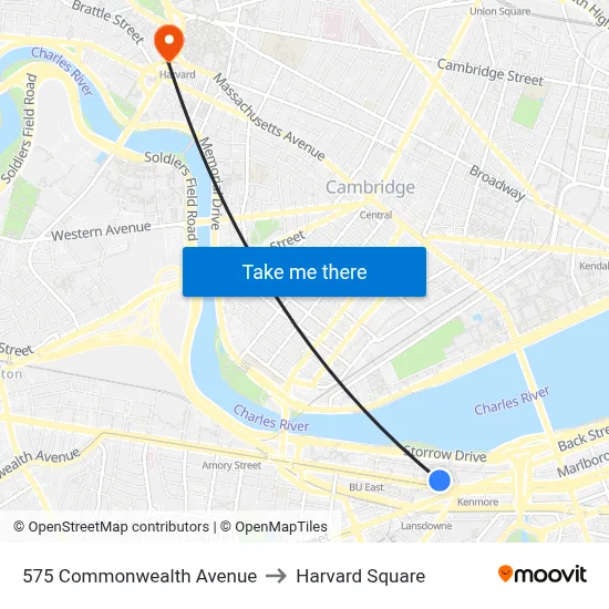 575 Commonwealth Avenue to Harvard Square map