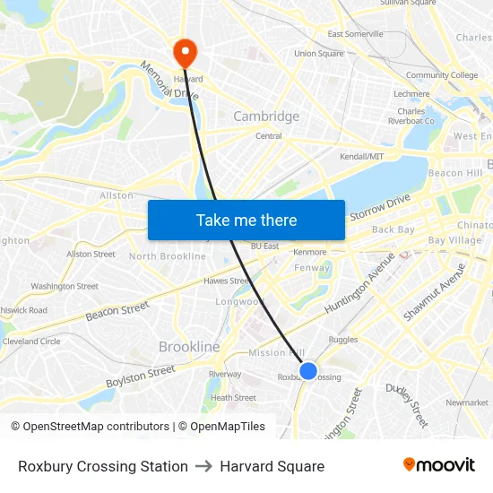 Roxbury Crossing Station to Harvard Square map