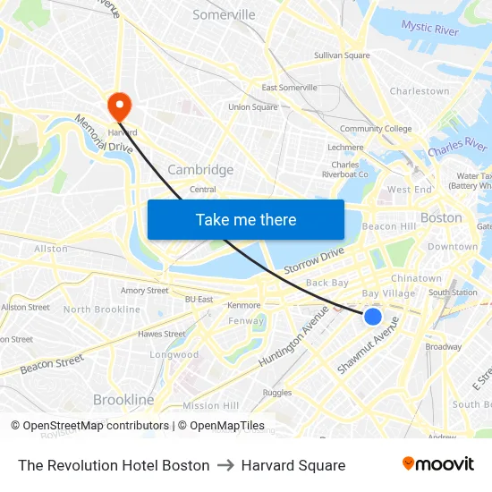 The Revolution Hotel Boston to Harvard Square map