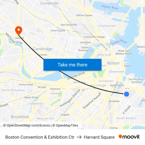 Boston Convention & Exhibition Ctr to Harvard Square map