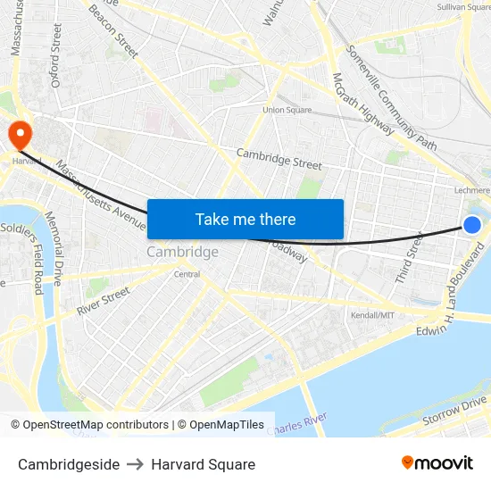 Cambridgeside to Harvard Square map
