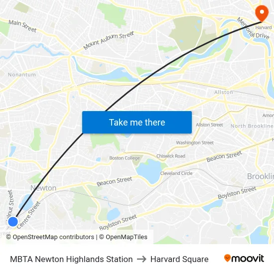 MBTA Newton Highlands Station to Harvard Square map