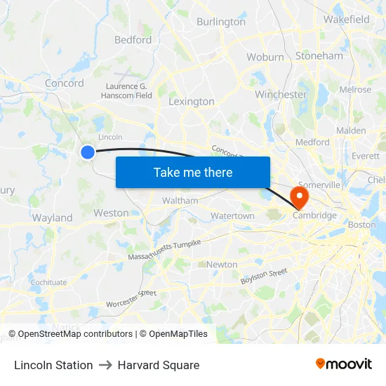 Lincoln Station to Harvard Square map
