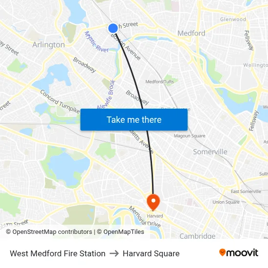 West Medford Fire Station to Harvard Square map