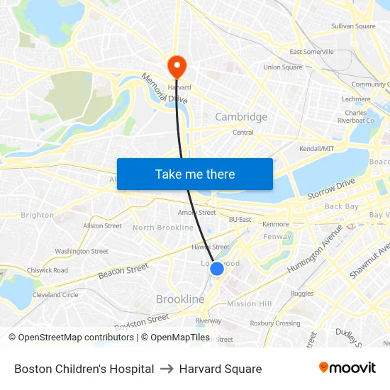 Boston Children's Hospital to Harvard Square map