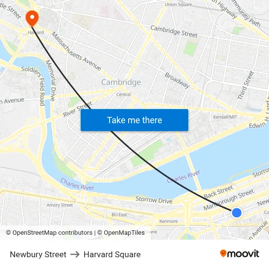 Newbury Street to Harvard Square map