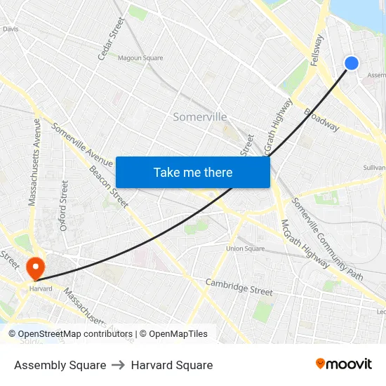 Assembly Square to Harvard Square map