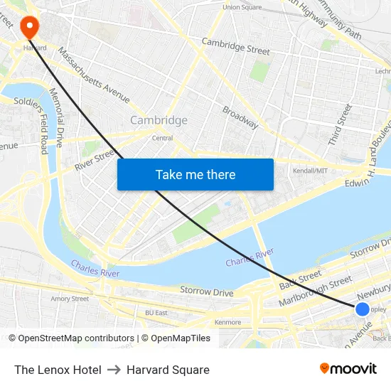 The Lenox Hotel to Harvard Square map