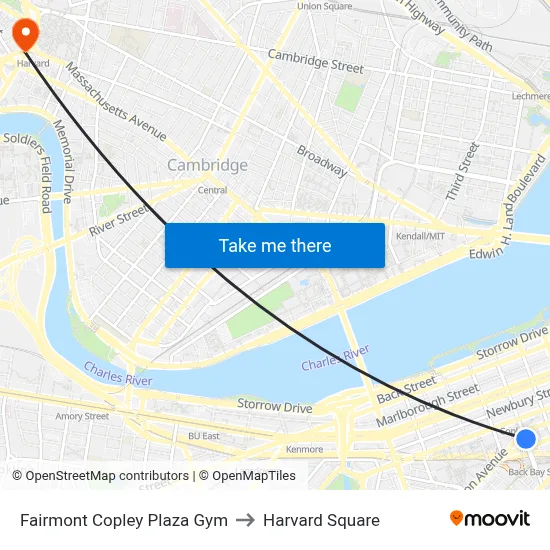 Fairmont Copley Plaza Gym to Harvard Square map