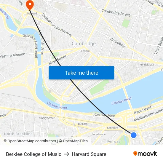 Berklee College of Music to Harvard Square map