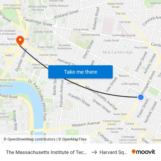 The Massachusetts Institute of Technology to Harvard Square map