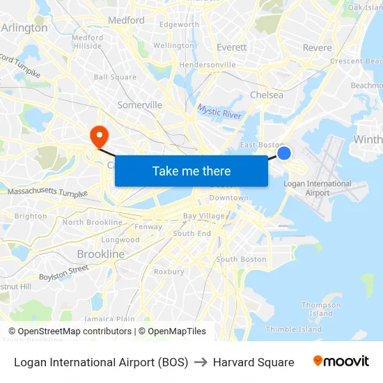 Logan International Airport (BOS) to Harvard Square map