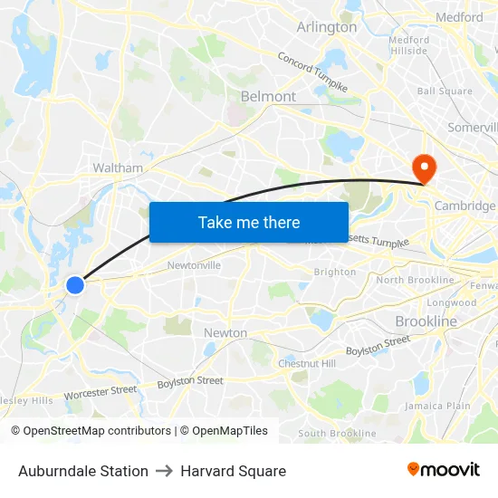 Auburndale Station to Harvard Square map