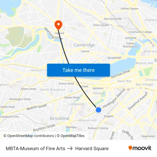 MBTA-Museum of Fine Arts to Harvard Square map